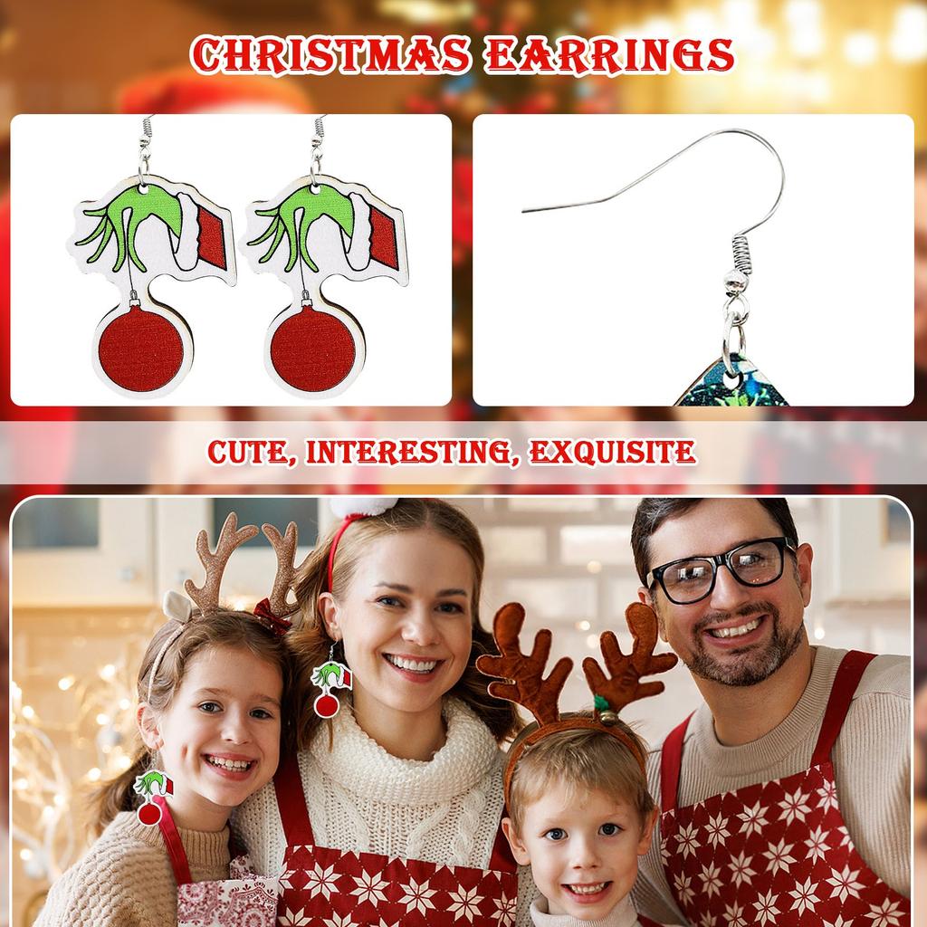 Рождественские деревянные серьги Зеленые волосы Рождественский подарок Висячие деревянные серьги Серьги