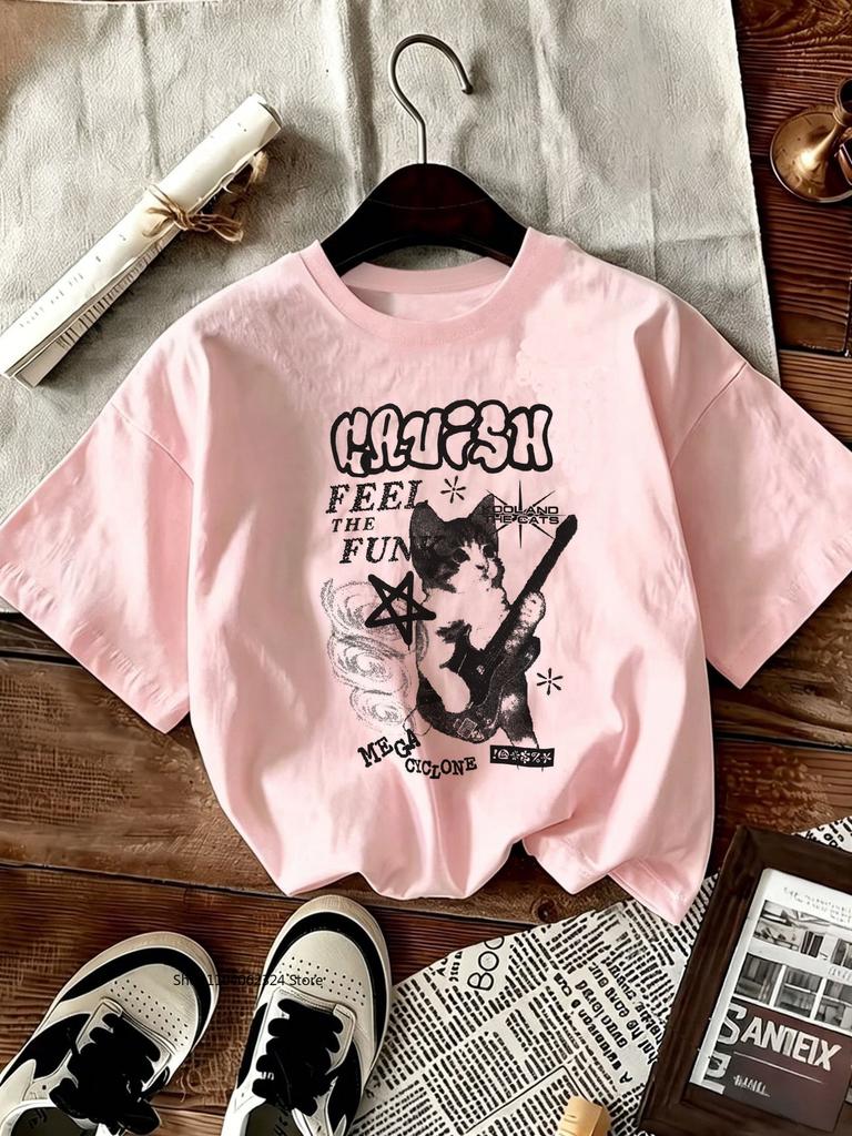 Cartoon Trendy Kawaii Cat Print T-shirt Women's Summer Round Neck Cute Cat Y2K Graphic Tee Summer Casual Woman Clothing