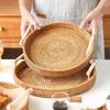 Rattan Bread Storage Woven Snacks Fruit Round Tray Picnic Binaural Tray Living Room Table Finishing Bread Plates Wood Handle