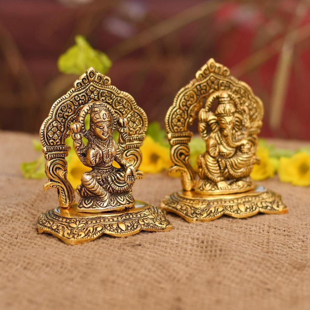Laxmi Ganesh Set Idol Showpiece Metal Gold Plated Lakshmi Ganesha Idols for Diwali Gifts Puja (Set 5)