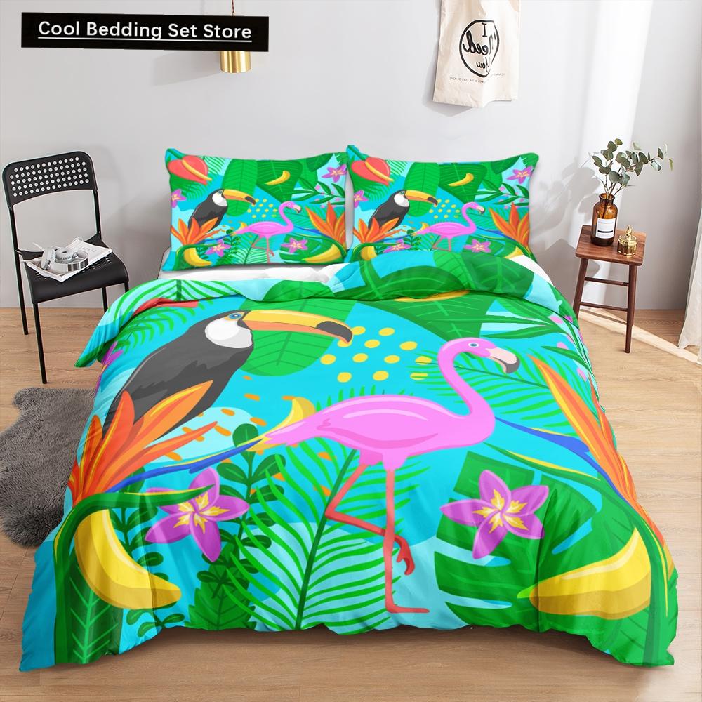 Пододеяльник с изображением животных фламинго King Queen, розовый, с тропическими птицами, комплект постельного белья для детей, подростков, взрослых, синий, мягкий, 2/3 шт., пододеяльник