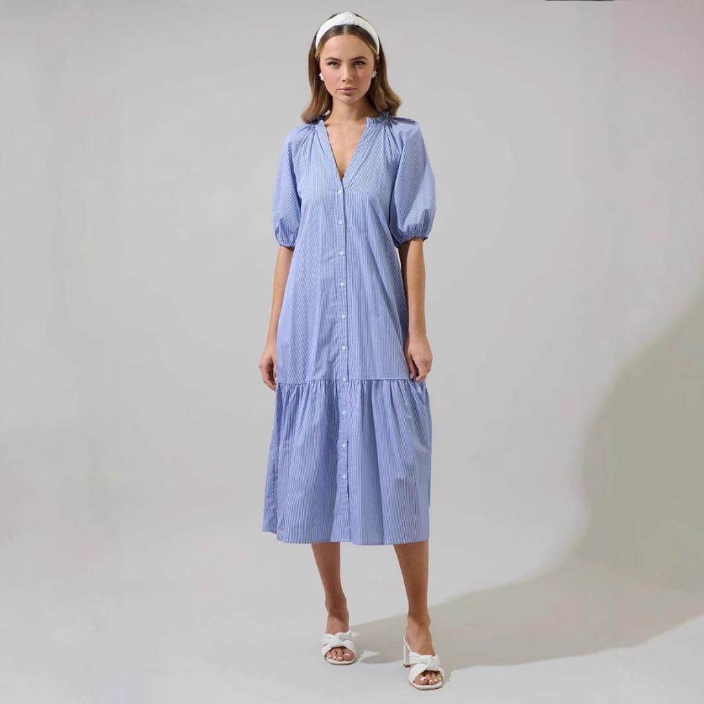 New European American Spring Summer Elegant Striped Lapel Midi Dress