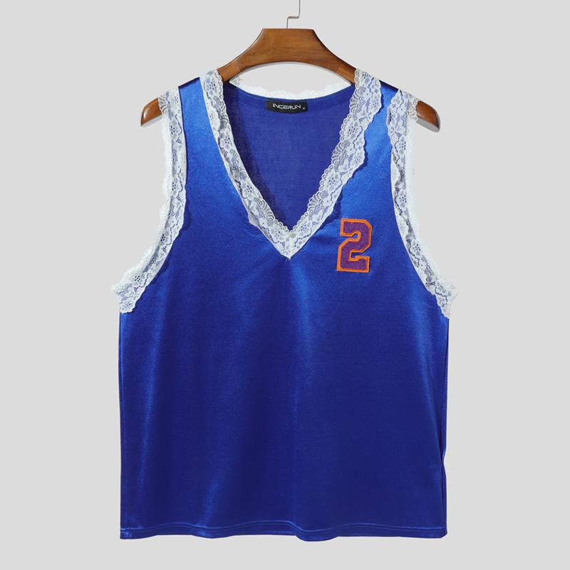 INCERUN Men V Neck Sleeveless Lace Hem Letter Casual Tank Tops Undershirts