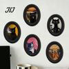 Decorative Wall Accents for Living Room Abstract Art Cat Decor, Oval 2D Wood Framed Funny Painting Unique Prints Print, Vintage Ornament Bedroom Home