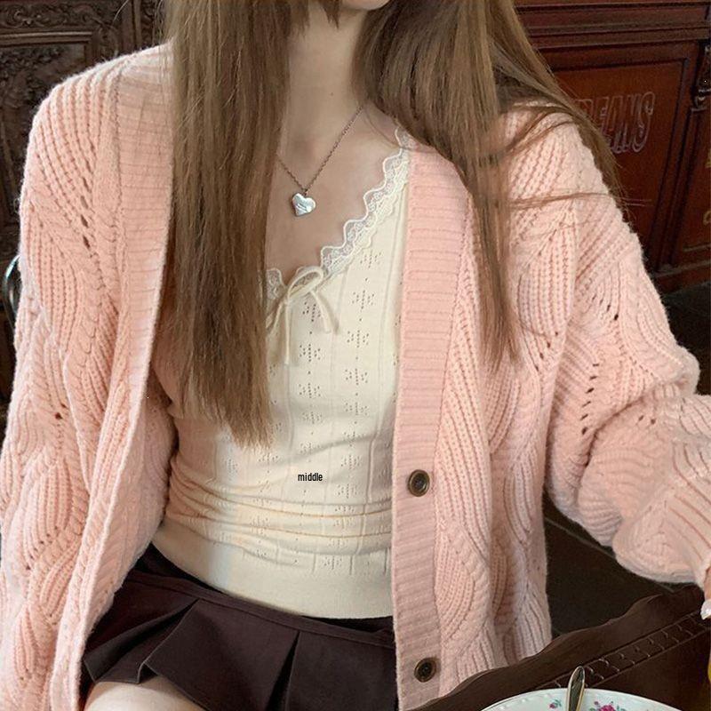 Pink Korean Style Loose Knit Cardigan Sweater Coat for Women - Autumn/Winter Solid Color