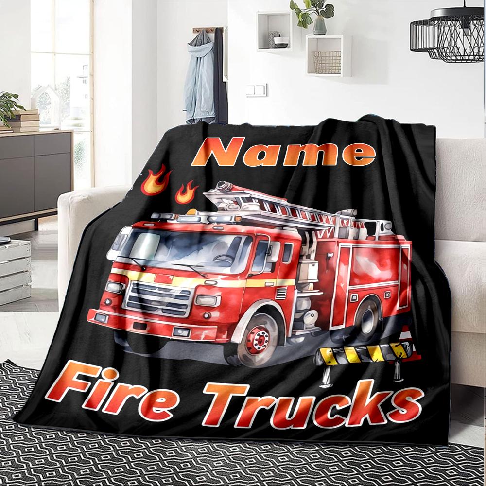 Custom Name fire truck Theme Printed Blanket - Perfect for Couch, Bed, Travel & Outdoor Use | Machine Washable, Cozy & Durable.