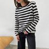 Женские топы с круглым вырезом и длинным рукавом, полосатый принт, свитер свободного кроя, эластичный