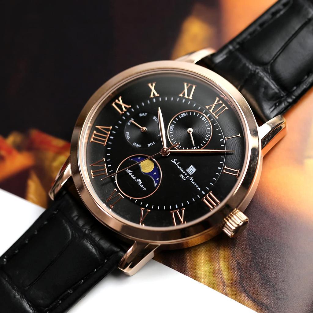 Watch Moon Phase Multi Calendar 5 ATM Water Resistant Business Formal Leather Belt Limited Model Black Pink Gold [Salvatore Mara] Men's SM21106-PGBK