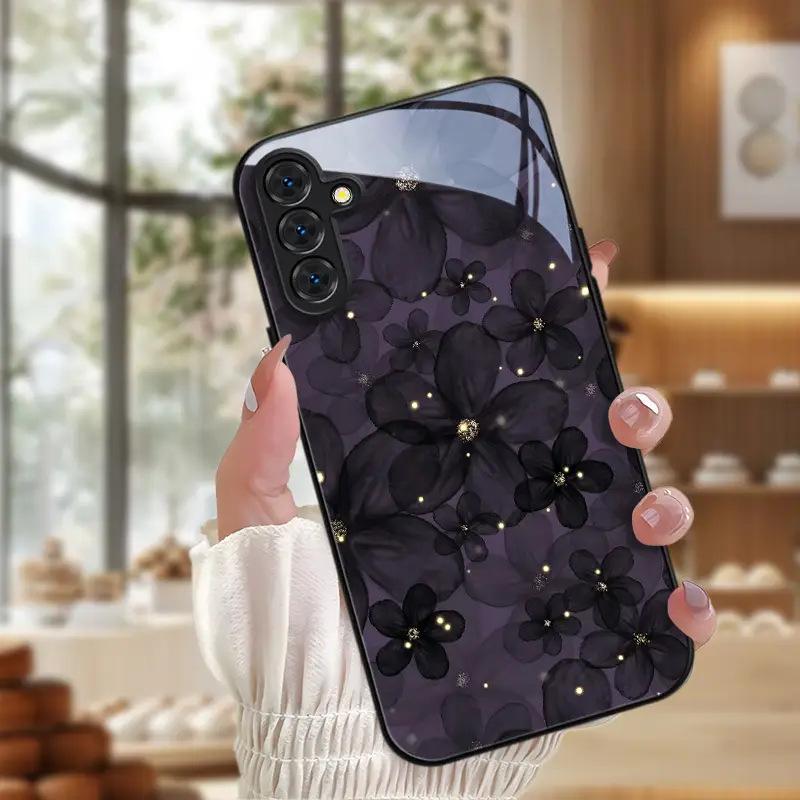 Премиальный Черный Цветок из Пряжи Стеклянный Чехол для Samsung S24 Extreme Edition Чехол для Телефона Galaxy S23plus Чехол