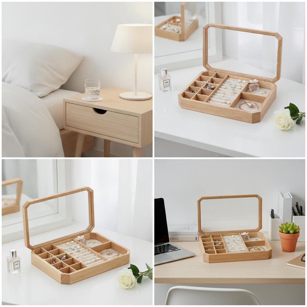 Wooden Jewelry Box with Compartments Divided Desktop for