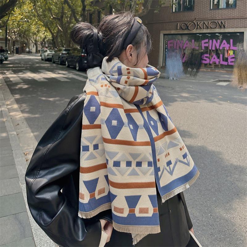 Geometric scarf women's winter versatile fashion double-sided thickened warm student scarf temperament large shawl color matching