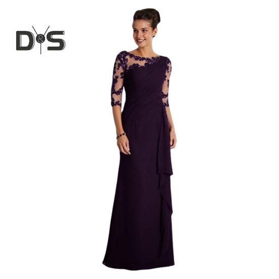 Women Evening Dress See-through Mesh Patchwork Half Sleeves Slim Fit Floral Embroidery Ruffle Pleated Full Length Prom Party Maxi Dress