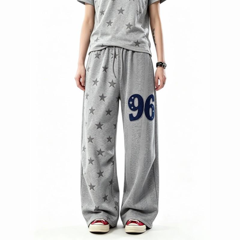 Unisex Retro Star Embroidery Patchwork Striped Loose Wide Leg Sweatpants Casual Pants