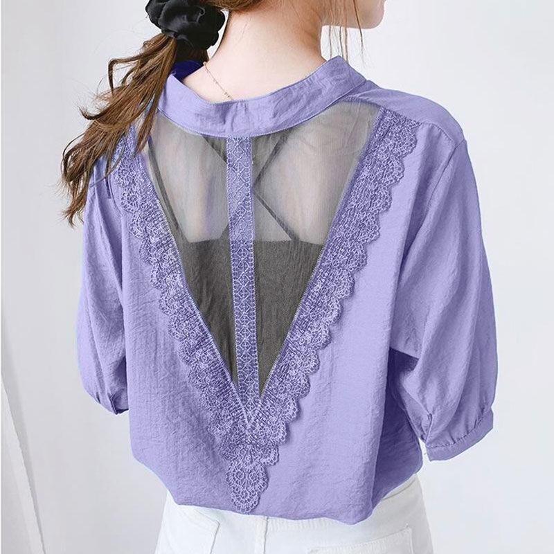 Элегантная однотонная рубашка с кружевной вставкой и перфорацией, лето 2024, V-образный вырез, короткий рукав, свободная блузка-пуловер, женская одежда