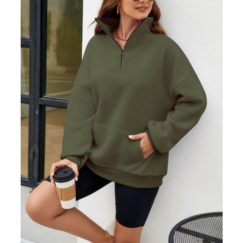 Осенне-зимняя однотонная женская свободная толстовка с воротником-стойкой на молнии