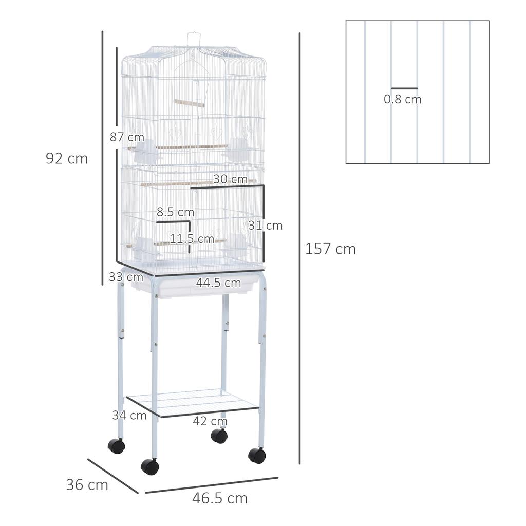 Bird Cage, Metal and Steel Aviary with Wheels, Perches and Bowls, 46.5x36x157cm, White