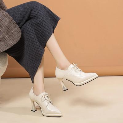 Мода 2024 Весна и Осень Новые Платформа Высокий Каблук Женские Острый Носок Блочный Каблук Глубокая Шнуровка Маленькие Кожаные Туфли