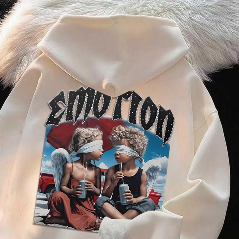 Oversized Hooded Sweatshirt Men Women Vintage Angel Print Thick Fleece Lined Loose Fit Winter Pullover