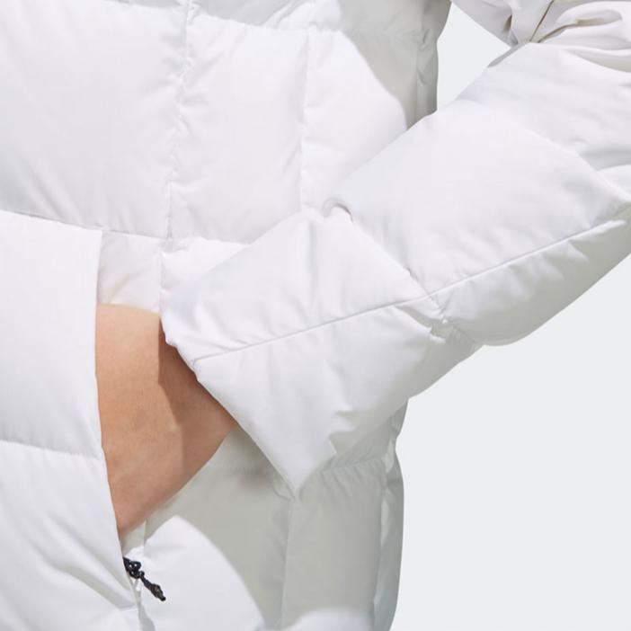 Adidas Куртка пуховая женская средней длины с капюшоном и принтом логотипа, верхняя одежда, белая FQ7570