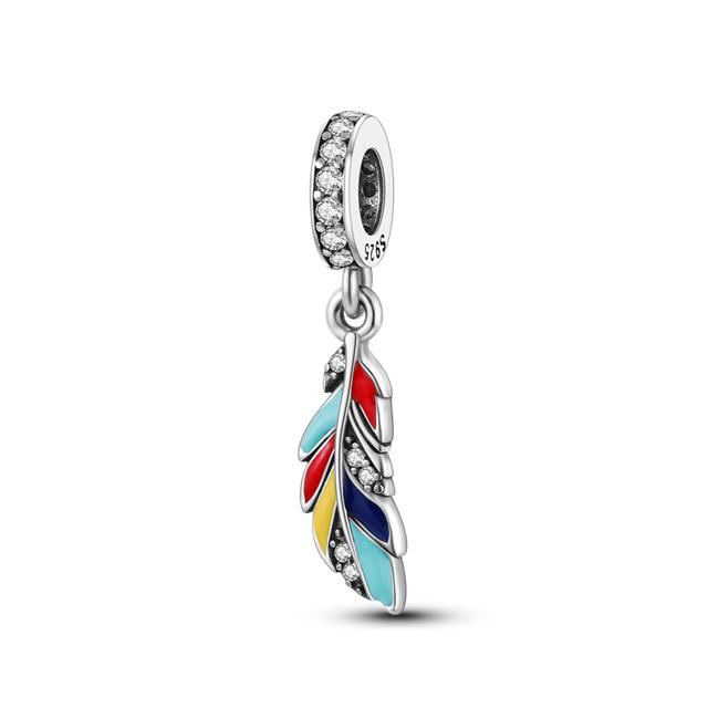 Fit Bracelet Inlaid Zircon Beads Charms 925 Sterling Silver Heart -Shape Colorful Dangle Pendants Bangle Jewelry