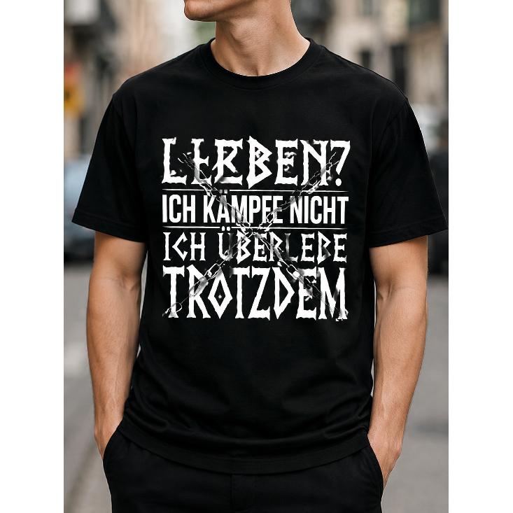 Men's Black Graphic T-Shirt With German Quote And Broken Chain Design, Crew Neck Short Sleeve Casual Streetwear Tee For Daily Wear