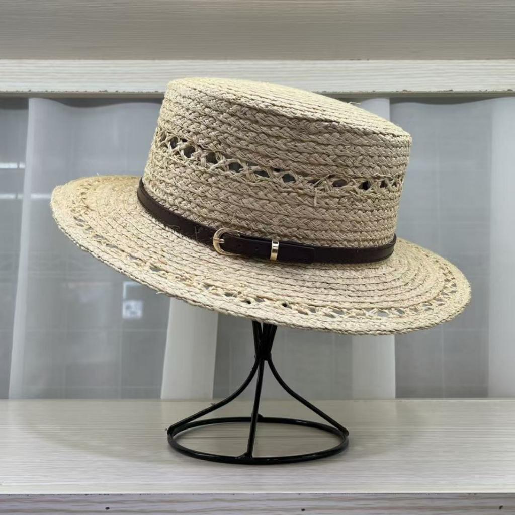 2026 new daily single raffia hand-woven flat-top straw hat children's summer beach breathable sun protection top hat