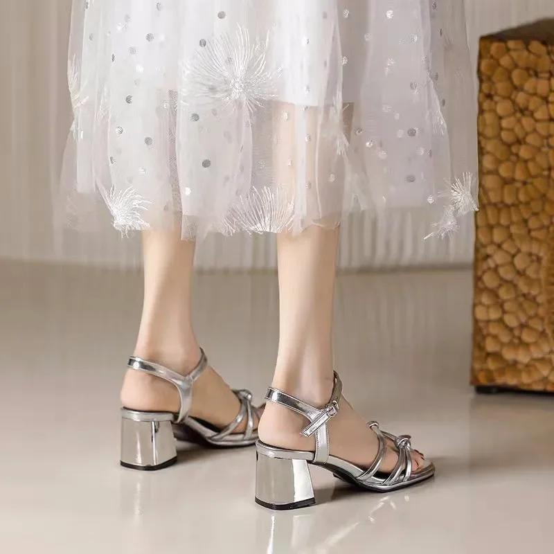 Модные женские босоножки на высоком каблуке с пряжкой, модная женская обувь 2024 года, туфли на высоком каблуке с квадратным носком, летние новые женские туфли на толстом низком каблуке