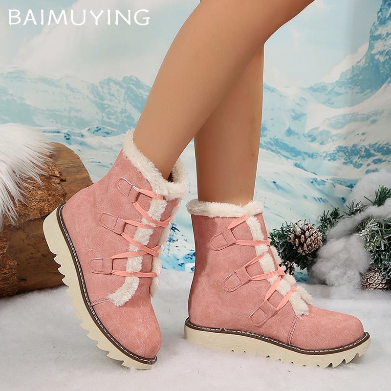 Ботильоны на плоской подошве для женщин, повседневная обувь из меховой замши, короткие плюшевые хлопковые туфли, тренд 2024 года, зимние теплые ботинки на шнуровке Botas De Mujer