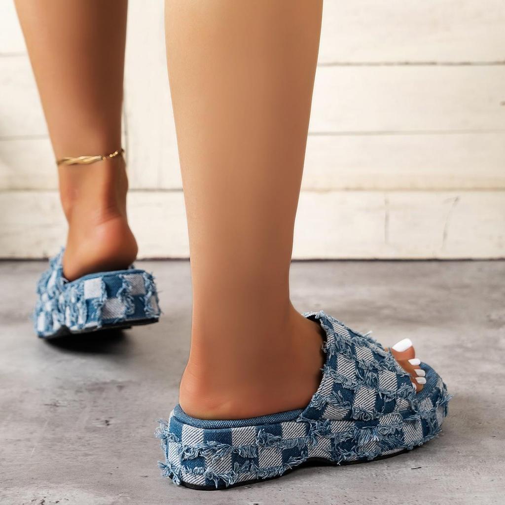 Джинсовые тапочки женские новые летние пляжные тапочки большого размера сандалии толстые подошвы