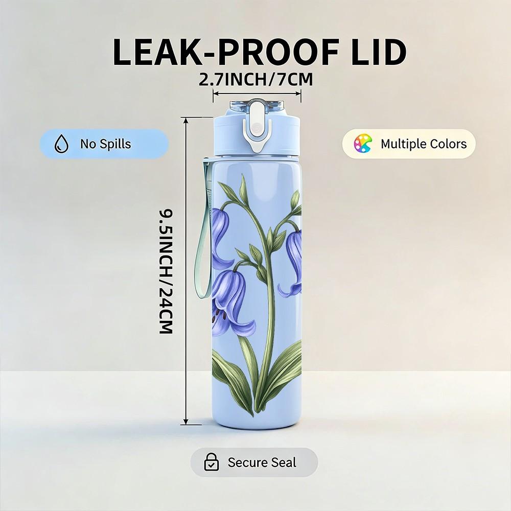 1PC Blue Bell Watercolor Flower Pattern 750ml Color Plastic Sports Water Bottle Leakproof Flip Straw Lid Suitable for Sports Office Home Use