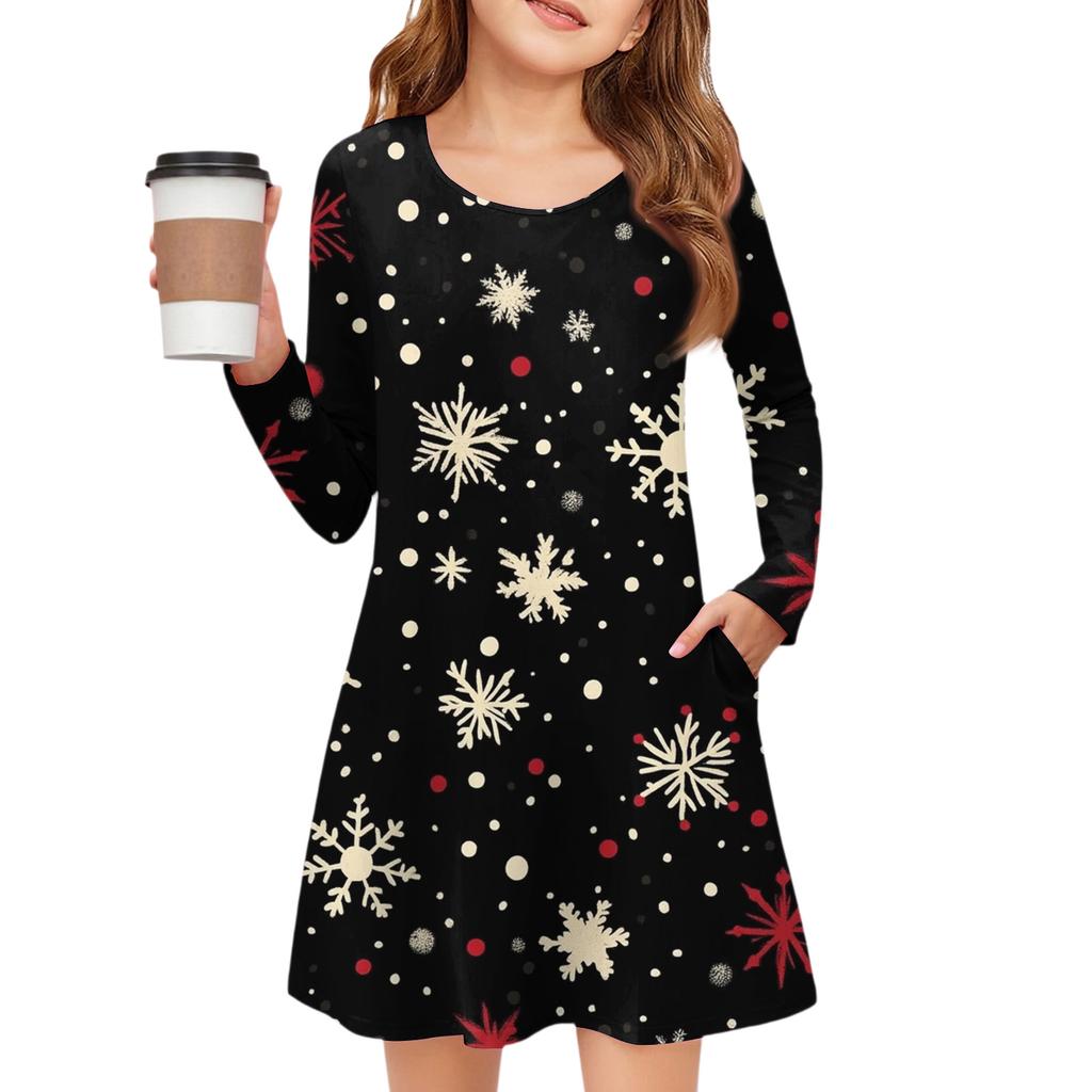 Christmas Day Girls' Long Sleeve Dress - Color Pocket Dress