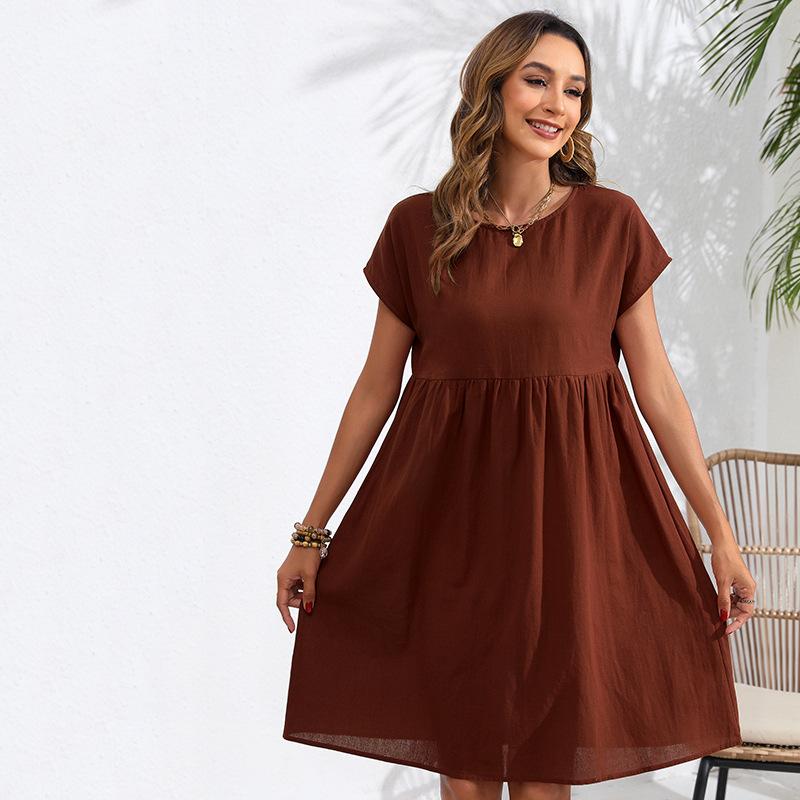 Fashion Summer Round Neck A-line Loose Dress Women Elegant Slim Fit Pockets Temperament Casual Dresses Woman Simple Vintage Slim Female Dress 26482