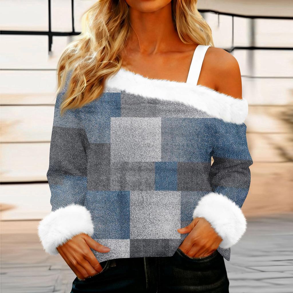 Women's Off-the-shoulder Plush Neck Printed Long-sleeved Pullover T-shirt Top