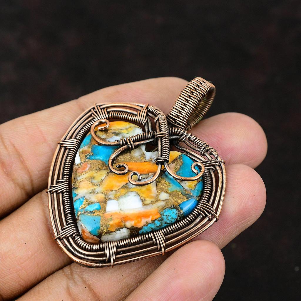 Колючая устрица, медная бирюзовая подвеска, кулон с драгоценным камнем, медная проволока, кулон, медные украшения, кулон в форме сердца ручной работы, подарок для нее