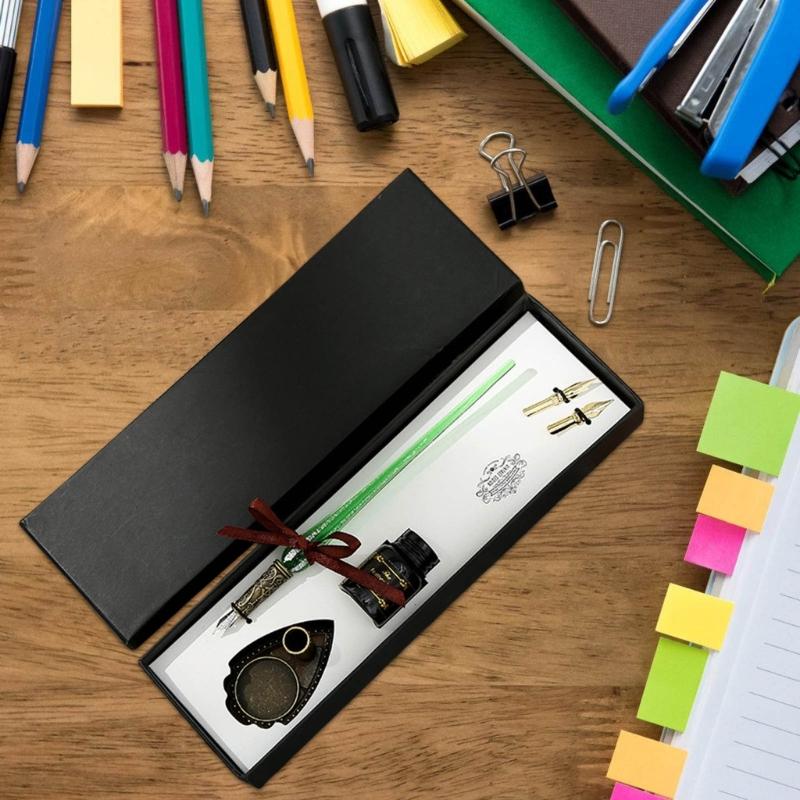 Calligraphy Glass Dip Pen and Inks Set with Replaceable Pen Tip and Metal Pen Holder for Writing Invitation Scrapbooking