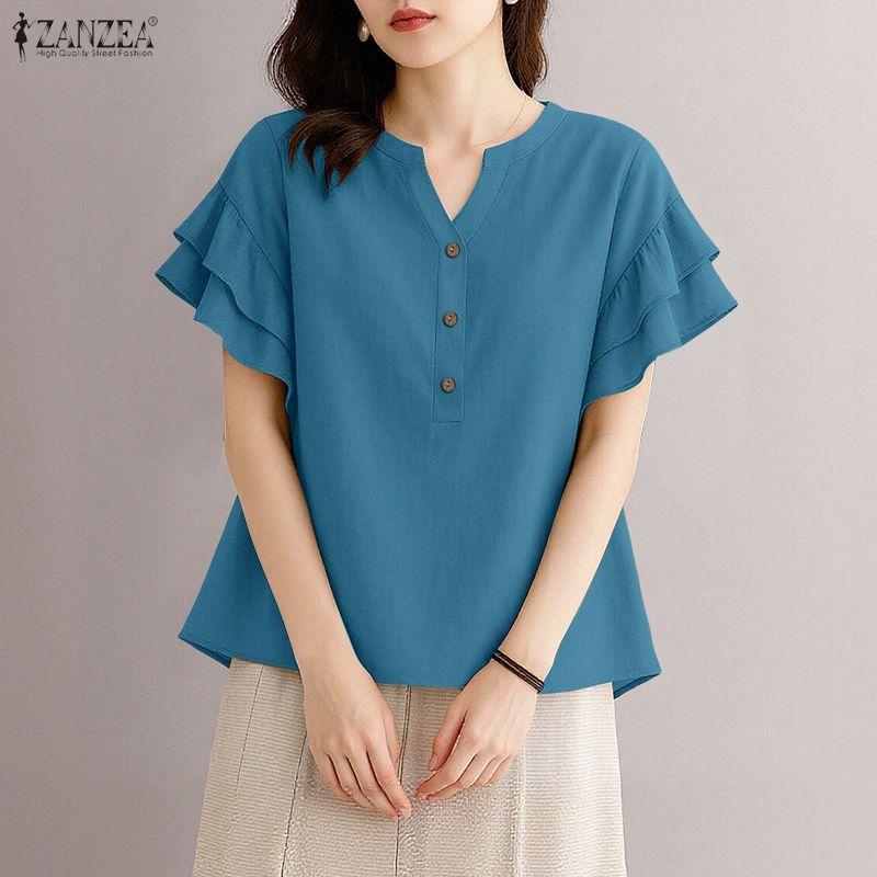 ZANZEA Женская летняя повседневная блузка с V-образным вырезом и коротким рукавом