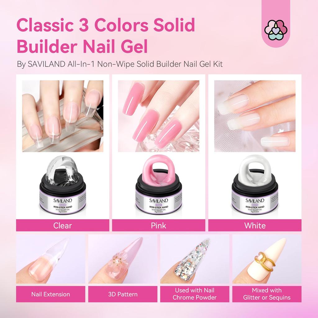 Saviland Builder Gel Lengthening Solid Builder Nail Gel Kit 3 Colors No Wipe Gel Builder with UV Lamp Chrome Powder Nail Sequins Complete 3D Sculpture