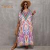 Пляжное платье с V-образным вырезом и короткими рукавами Свободный крой Бикини-накидка с боковым разрезом Яркий цветной принт Пляжный купальник для отпуска и путешествий