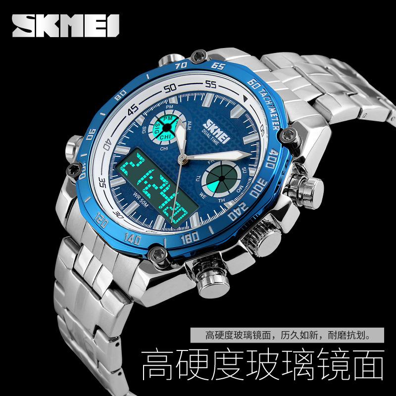 Новые крутые мужские часы со стальным ремешком, электронные часы с двойным дисплеем для занятий спортом на открытом воздухе