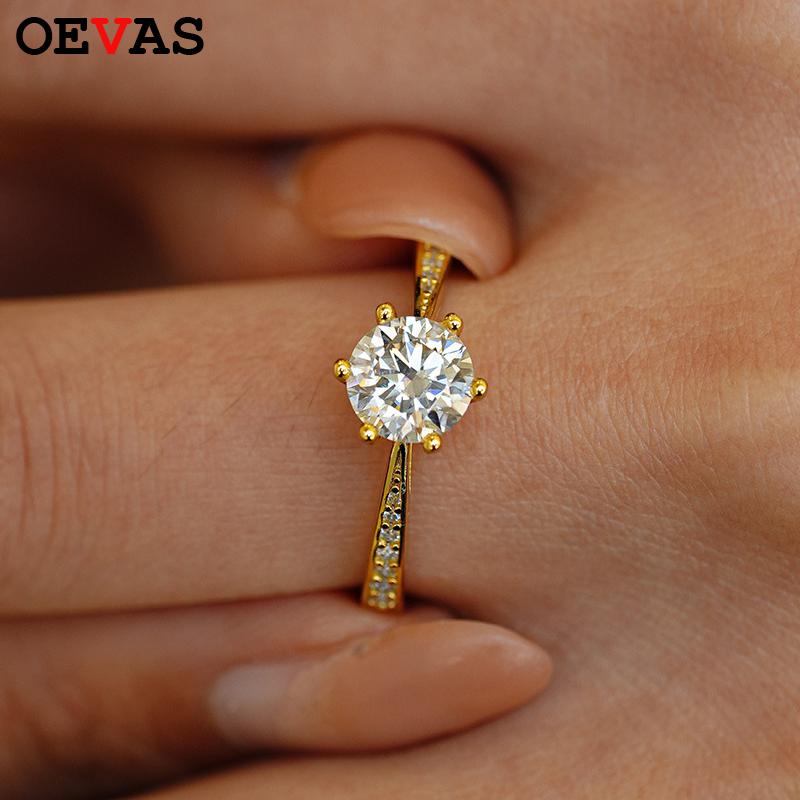 OEVAS Кольца с муассанитом круглой огранки 1ct 2ct 100% Серебро S925 для Женщин Свадебная Вечеринка Элегантные Тонкие Ювелирные Изделия