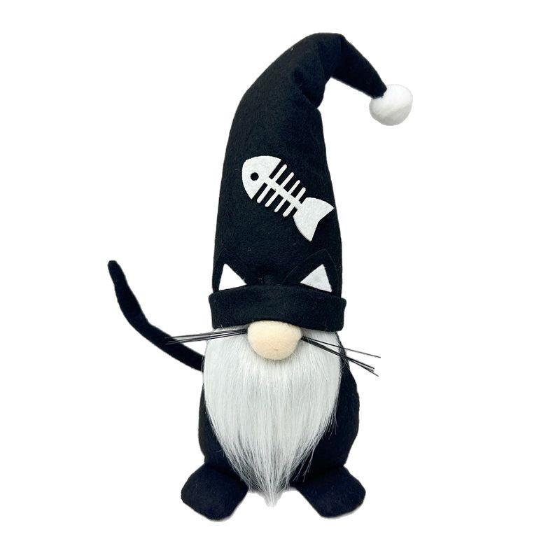 Halloween Gnome Plush Doll, Black Cat Tomte Ornament with Fishbone Hat, Swedish Faceless Gnome Decor for Holiday Home Party