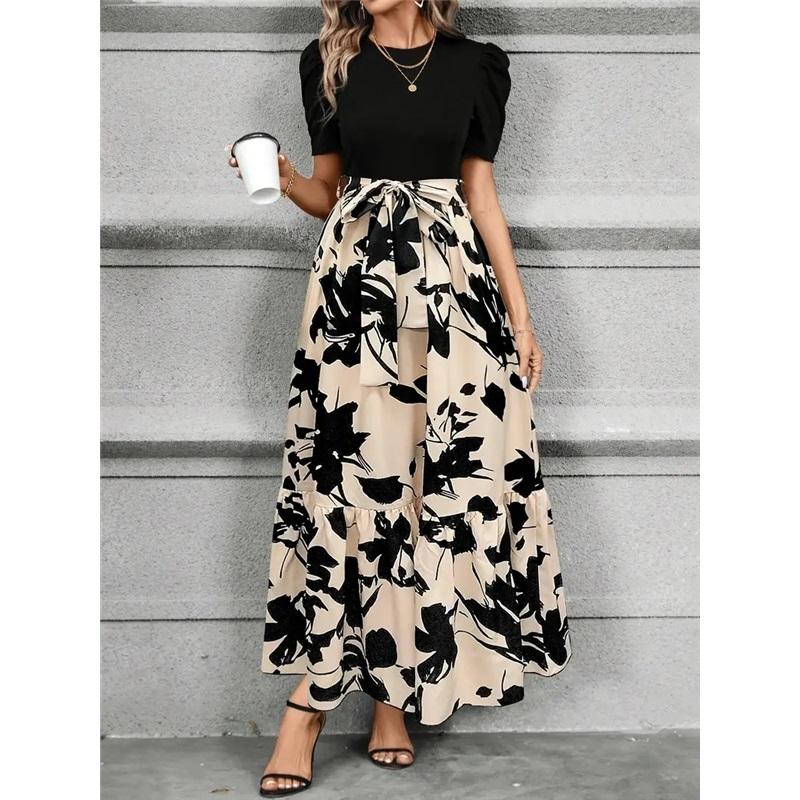 Floral Print Round Neck Dress, Exotic Holiday Style Elegant Dress