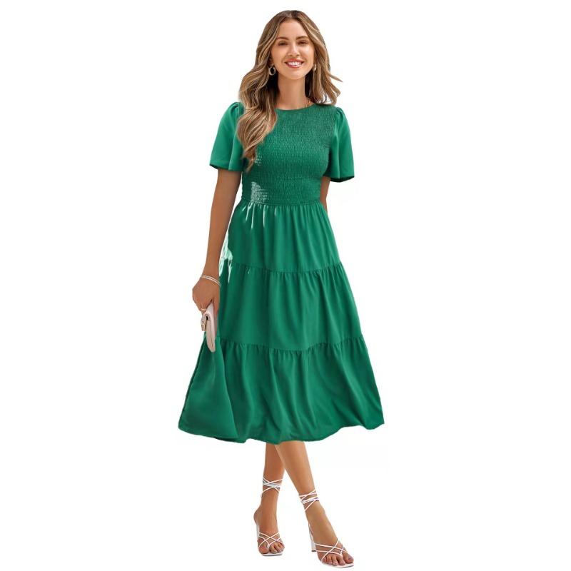 Summer Women's Dress Waist Slim Large Swing Dress Round Neck Range Holiday Dress