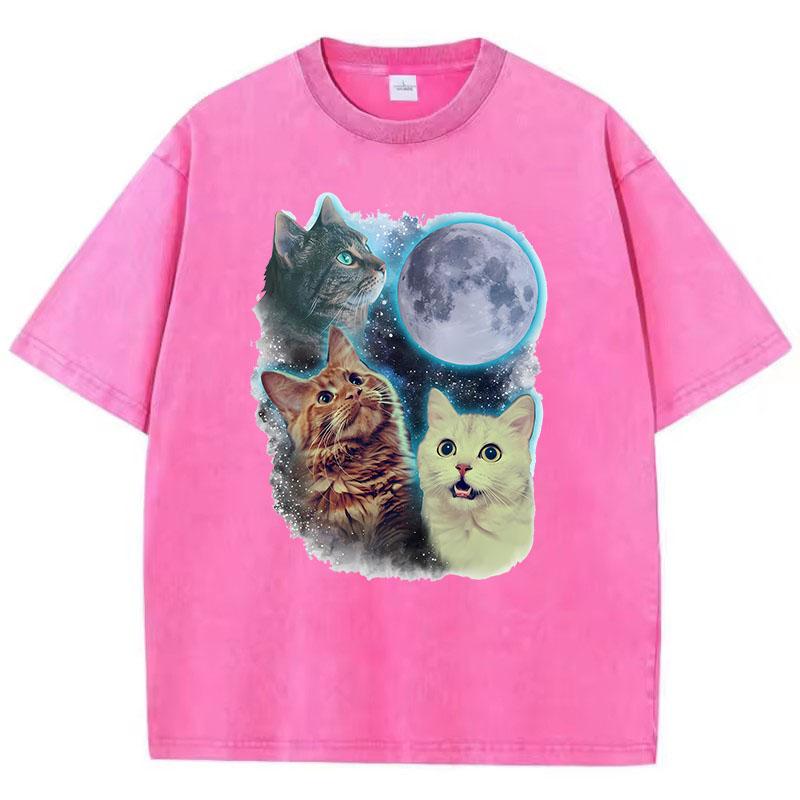 Funny T Shirt Vintage Washed  Cotton TShirt Cat Moon Star Graphic Tee Casual Streetwear Spring Summer Top Tee