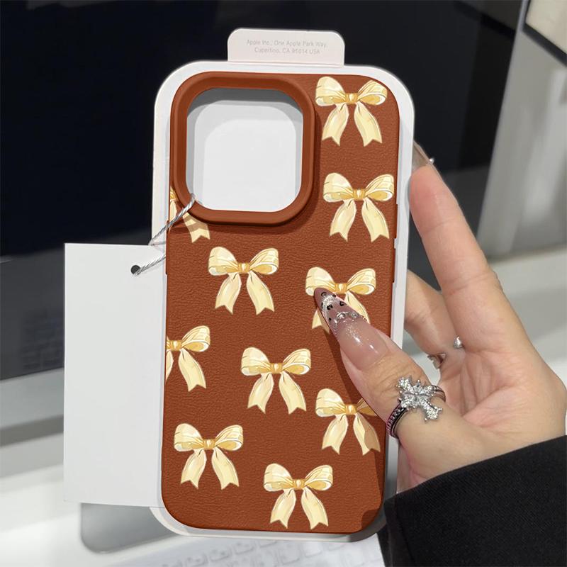 Кожаный текстурный TPU противоударный чехол для iPhone 16 Pro Max 15 14 Pro 13 12 11 с узором бант тонкий матовый мягкий чехол для телефона