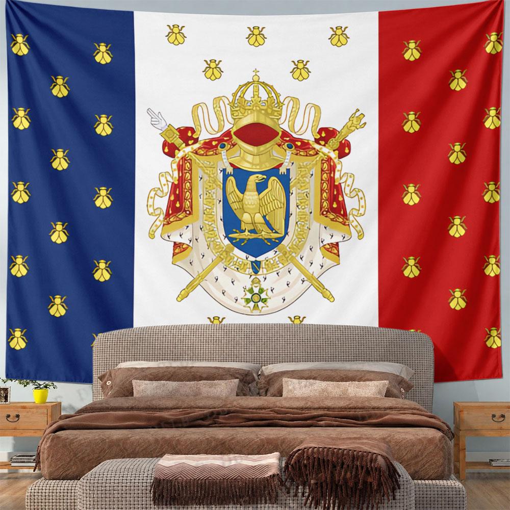 A golden eagle crest surrounded by bees on a tricolor background. Patterned tapestry for bedroom and living room home decor