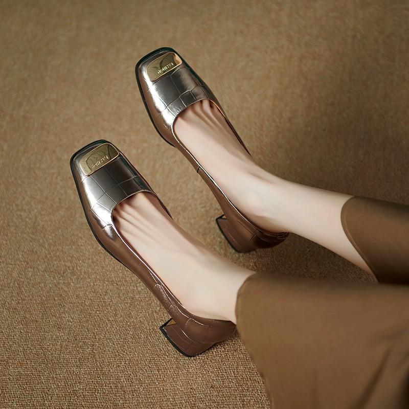 BCEBYL Summer Square Toe Thick Heel Shallow Mouth Metal Decoration Fashion Ladies Shoes NEW Elegant Banquet Party High Heels