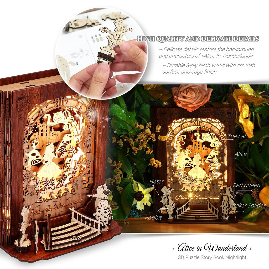 FUNPOLA Алиса в стране чудес 3D головоломка 3D головоломка ночник сказка книга лампа DIY светодиодная лампа для чтения с регулируемой яркостью деревянная головоломка ручная работа украшение дома лампа