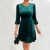 European & American Women's Fashion 2024: Elegant Velvet Ruffle Dress - Round Neck, Slim Fit, Short Skirt for Autumn & Winter