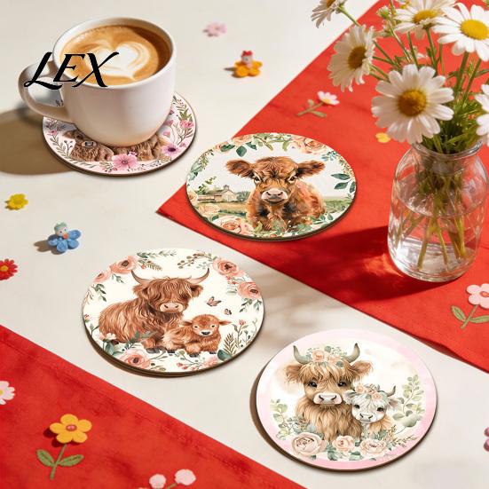 Heat Resistant Cork Cup Mats Highland Cow Coasters, Cute Floral Farmhouse Drink with Animal Theme Kitchen Decor Non-Slip Base, Table Protector